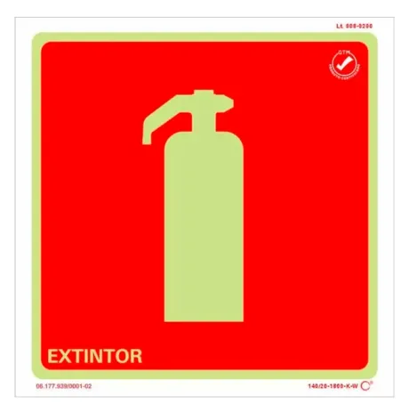 Placa de Sinalização Extintor Fotoluminescente 20x20 CM Certificada norma ABNT 16820 - E5