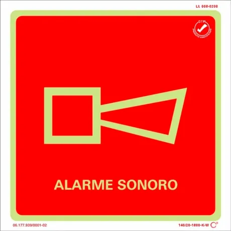 Placa de Sinalização Alarme Sonoro Fotoluminescente 20x20 CM Certificada norma ABNT 16820 - E1