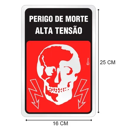 Placa de Sinalização Adesiva em Alumínio Perigo de Morte Alta Tensão 16X25 CM