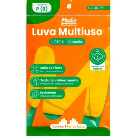 Luva Multiuso em Látex Amarela Medix Mb Life Para Limpeza de Uso Geral CA 46977