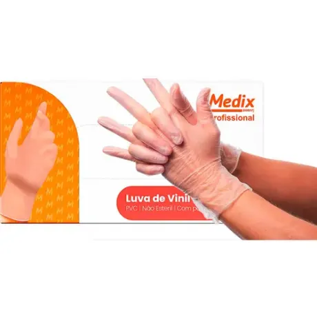Luva de Vinil Com Pó Medix Uso Profissional Transparente Caixa com 100 Unidades CA 44525