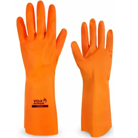 Luva Nitrílica Sem Forro Laranja Volk Química Tipo B JKOPT Grip Diamante Clorinada Biológica Hipoalergênica 10.65.010.05 CA 52.069