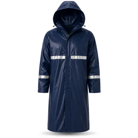 Capa de Chuva Longa PVC Padrão EPI Pioneira 5004 Azul Marinho Faixa Refletiva 3cm Capuz Fixo Zíper Velcro e Pala de Ventilação Nas Costas CA 53204
