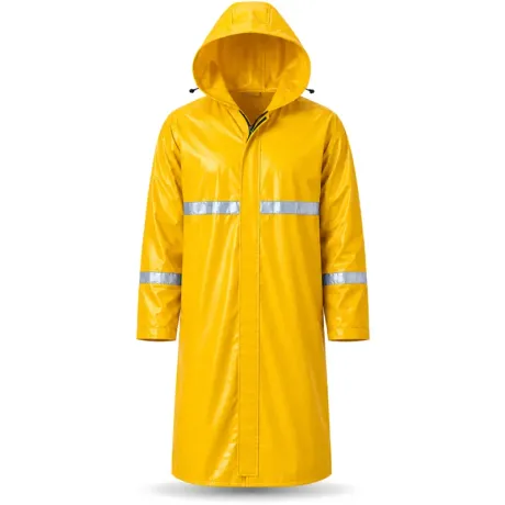 Capa de Chuva Longa PVC Padrão EPI Pioneira 5004 Amarelo Ouro Faixa Refletiva 3cm Capuz Fixo Zíper Velcro e Pala de Ventilação Nas Costas CA 53204