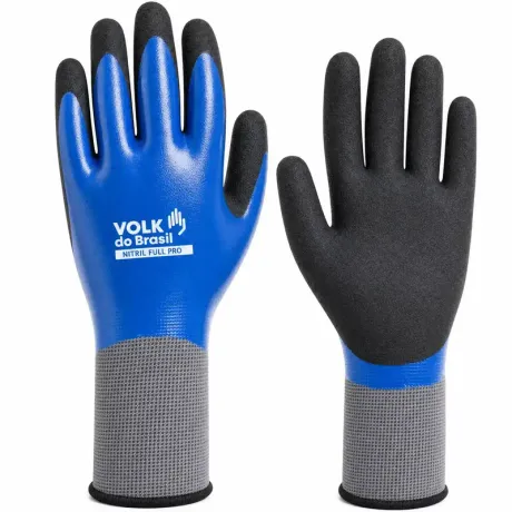 Luva Volk Nitril Full Pro Azul Preto Banho Nitrílico Total Mecânica Térmica e Peças Oleadas CA 50745