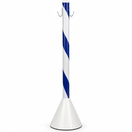 Pedestal de Sinalização 90cm Zebrado Branco e Azul com Base em Concreto e Gancho Metálico
